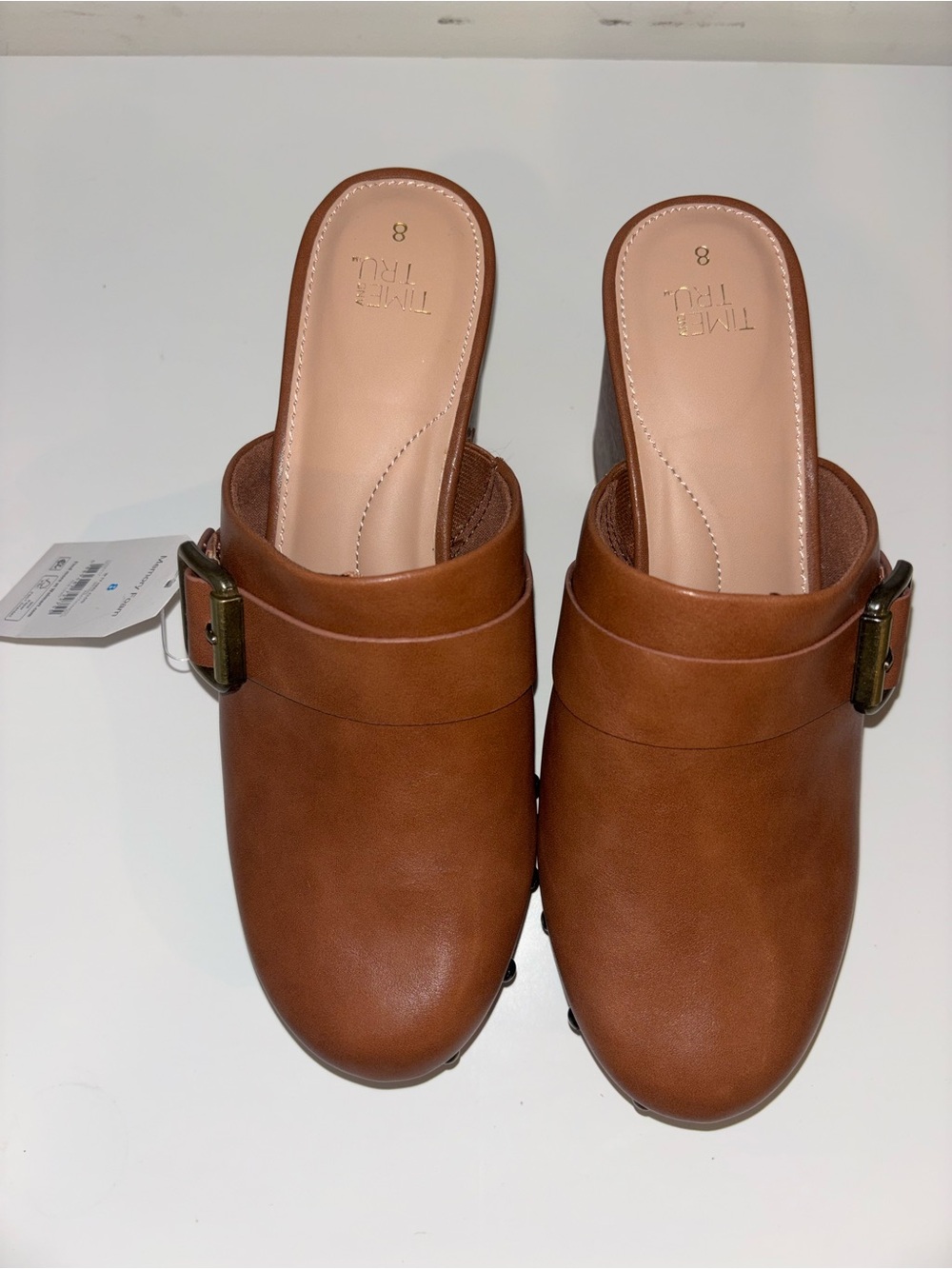 Time and Tru Tan Slip-On Mule Clogs with Decorative Buckle